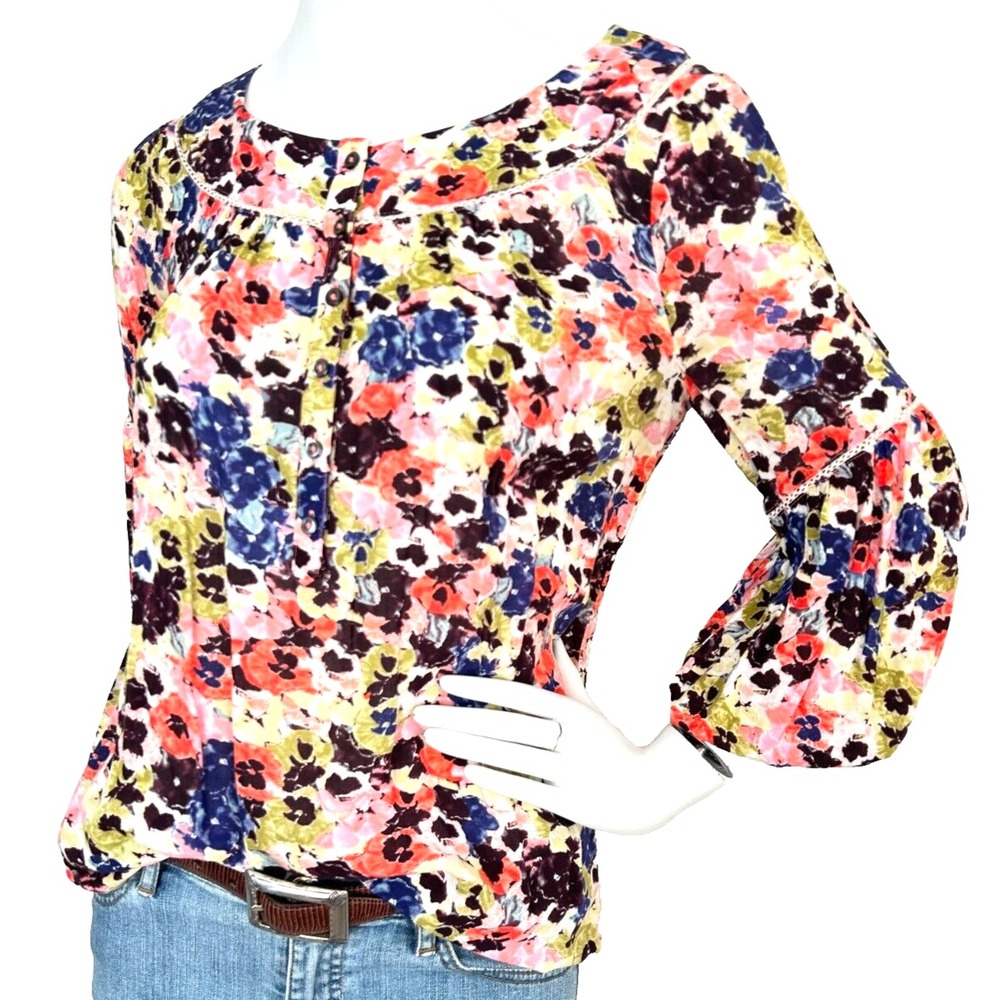 Anthropologie Maeve Floral Blouse Relax Fit Scoop-Neck Contrast Trim Rayon 4 EUC